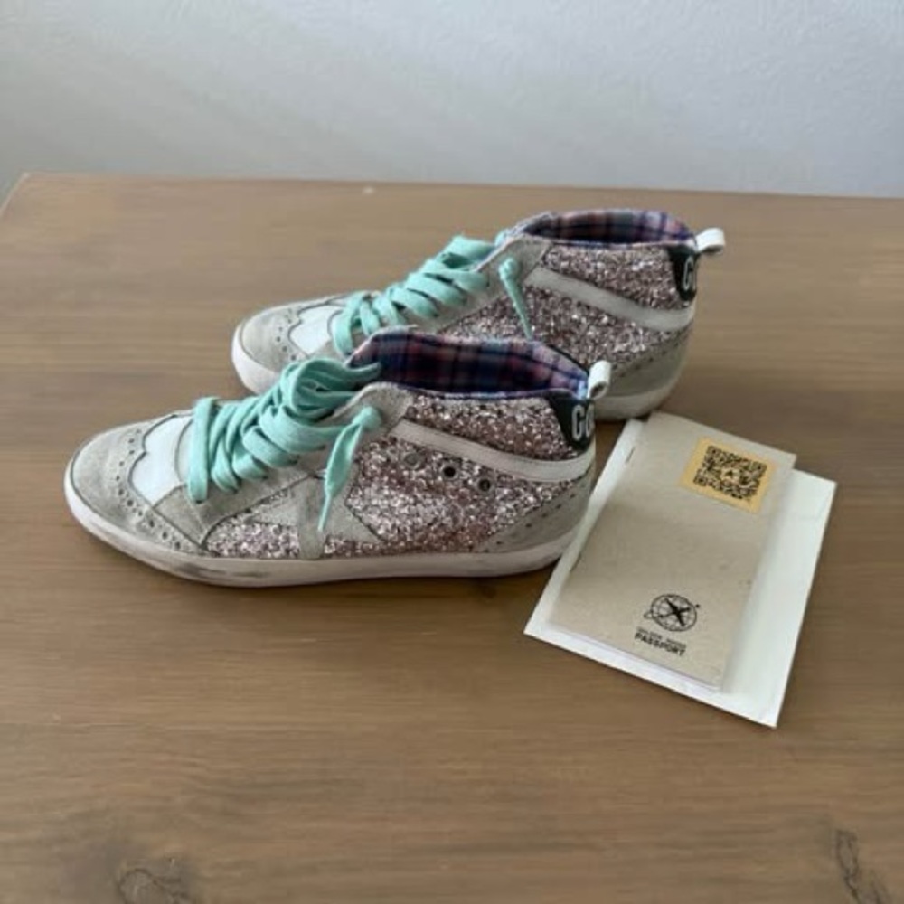 Golden Goose Glitter Pink High-Tops with Mint Laces